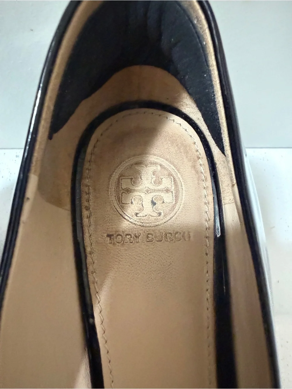 Tory Burch Black Patent Leather Wedge Flats with Gold Logo Medallions